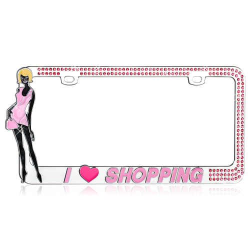 "I LOVE SHOPPING" Chrome Metal License Plate Frame with Pink Crystals